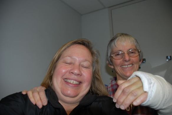 broken_arm-2002-2 My good friend Diane took me to the doctor appointments today because I probably shouldn't be driving long distances with this splint and because she said I needed an advocate. I made her hold the camera at arm's length to take this photo.