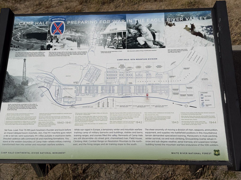 Sign about Camp Hale that shows the footprint of all the buildings that used to be there.