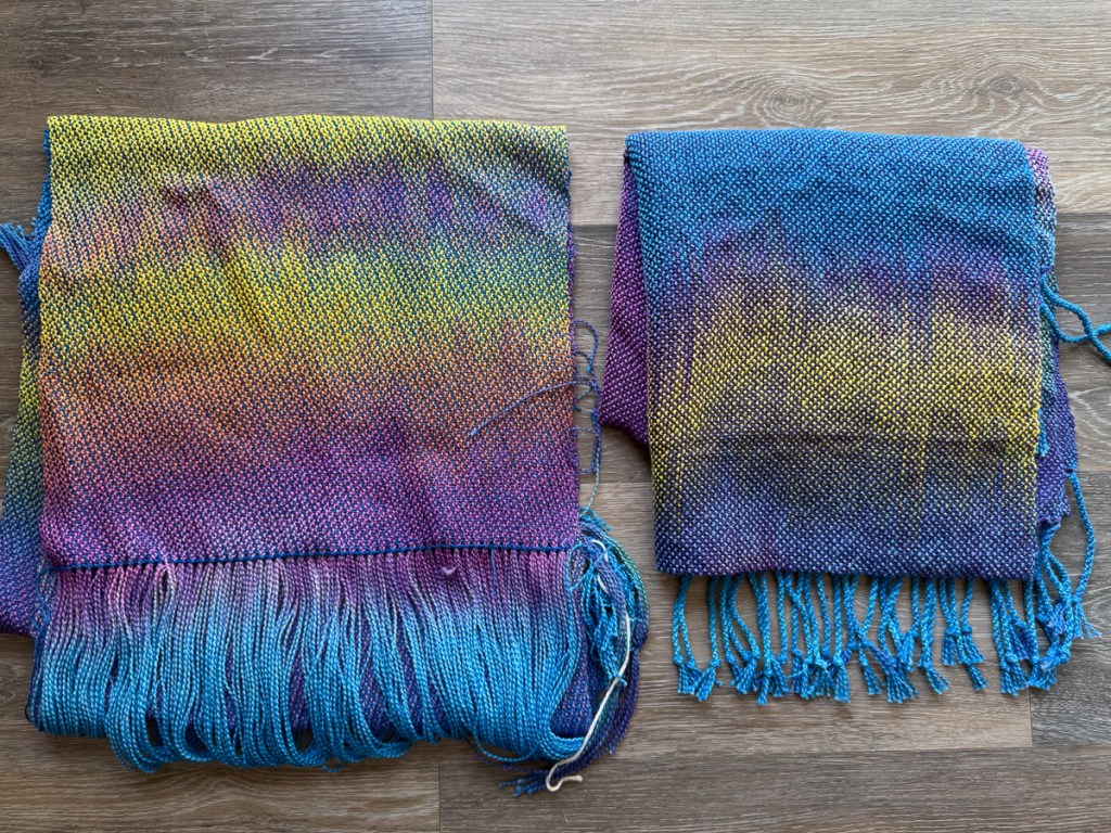 Handwoven cotton shawls woven with space dyed warp.
