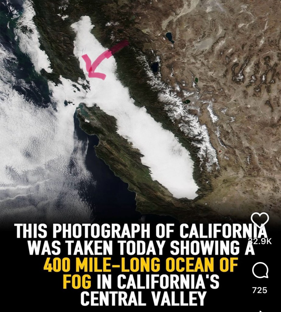 Screenshot of a satellite photo showing mass of fog over a map of California.