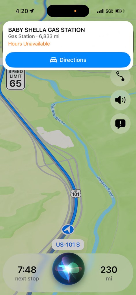 Screenshot of the phone showing the map and location of the next gas station.