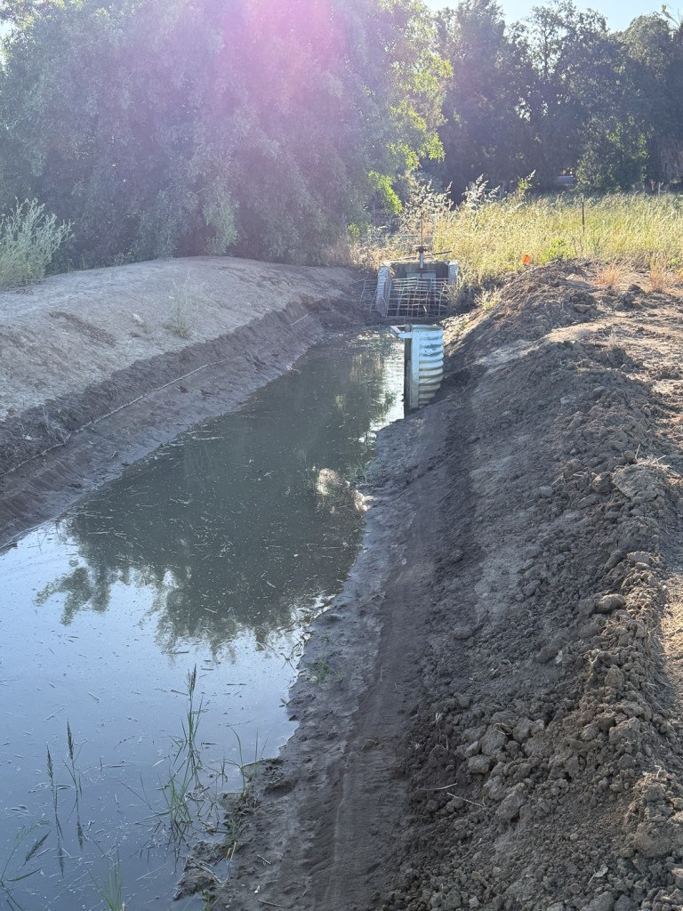 Irrigation ditch with some and trees and grass at the end.