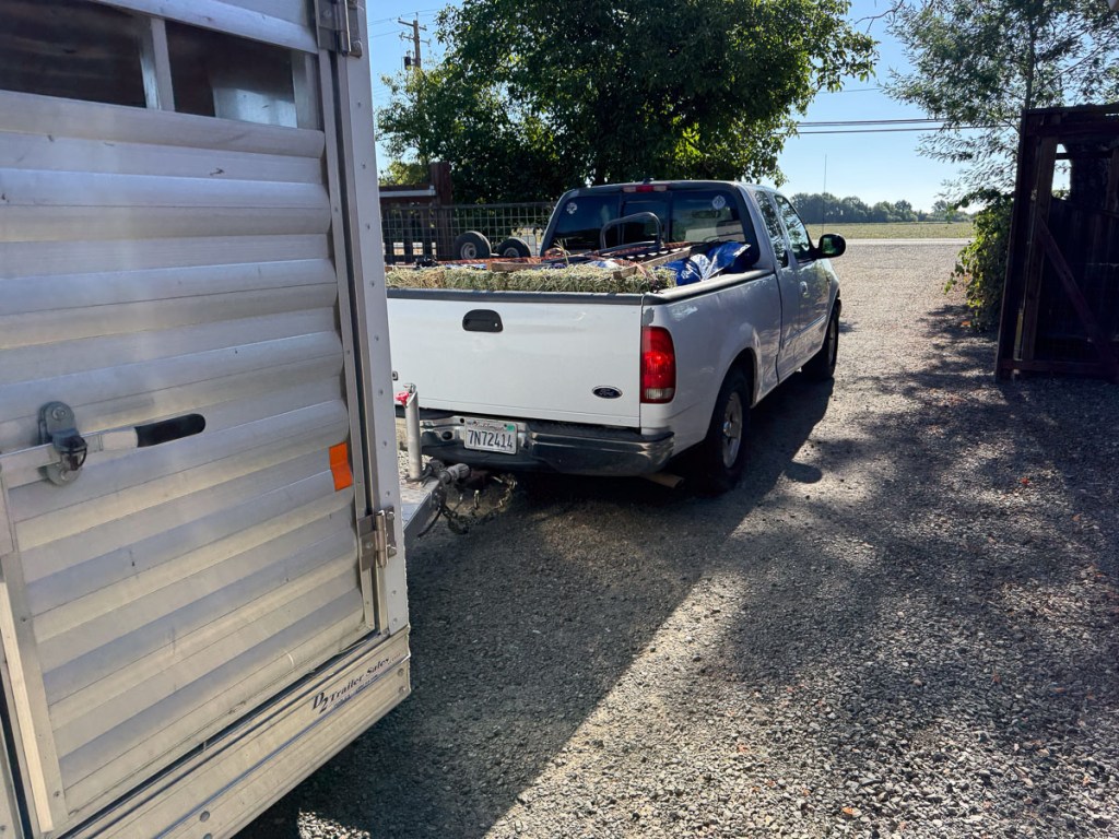 Rear view of white pickup pulling a silver trailer and driving through a gate.