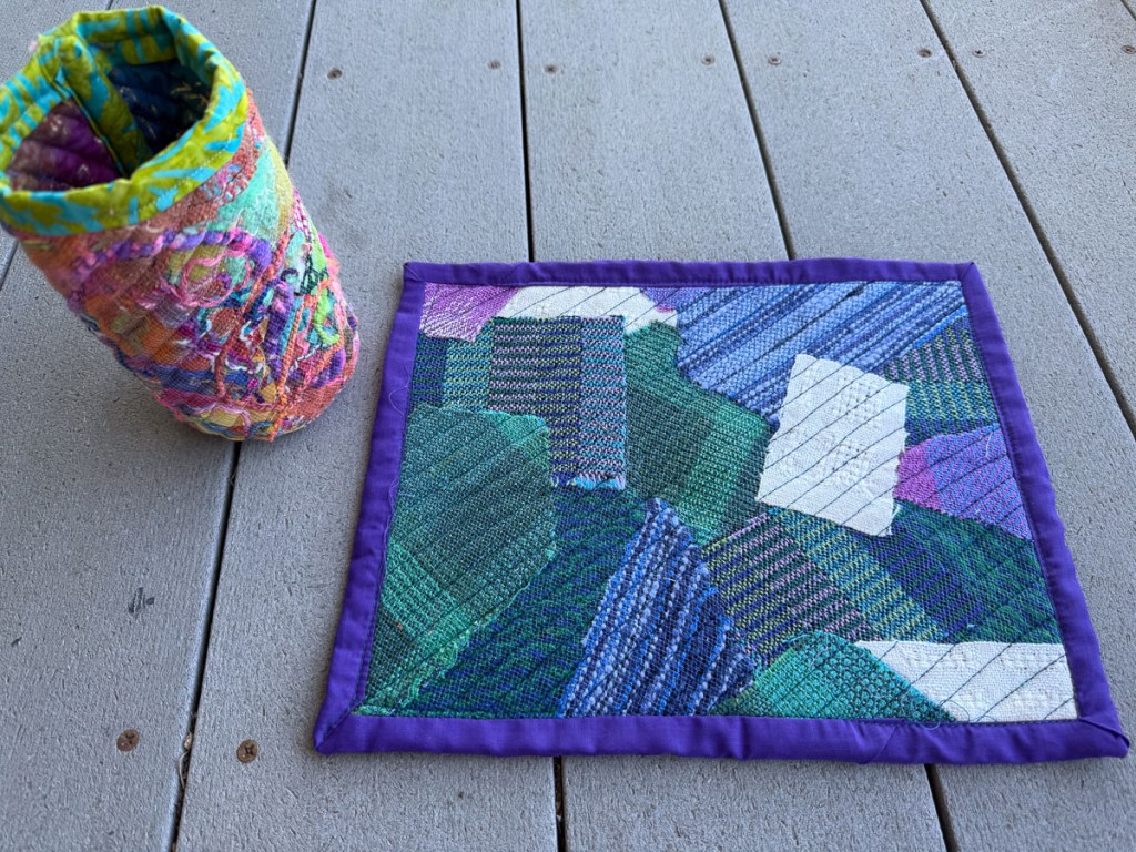 Sample in purple and green using handwoven fabric.