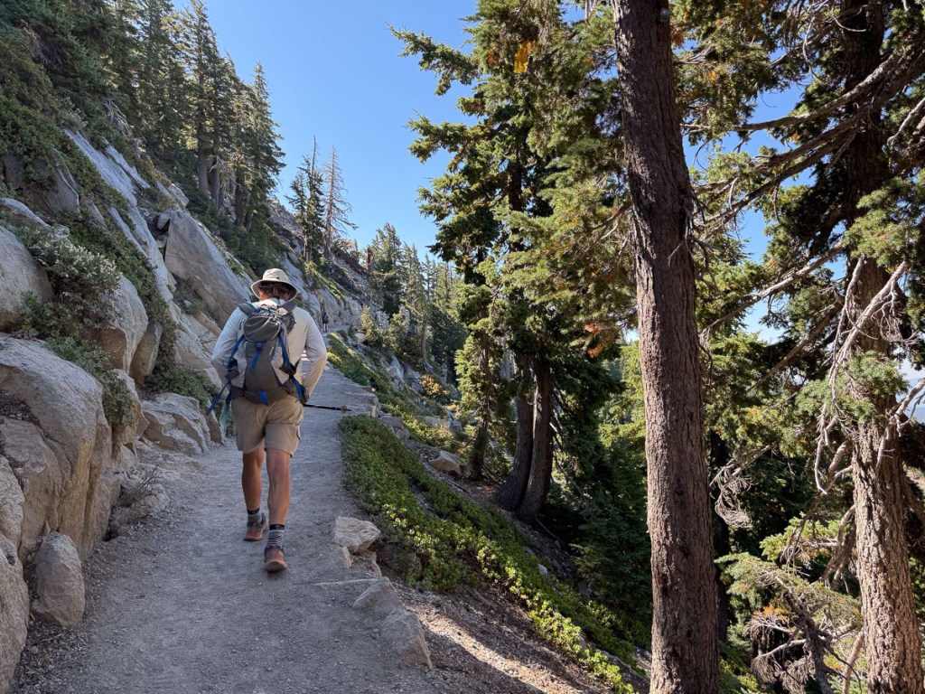 Hiker on trail with trees to right and rocks to left.