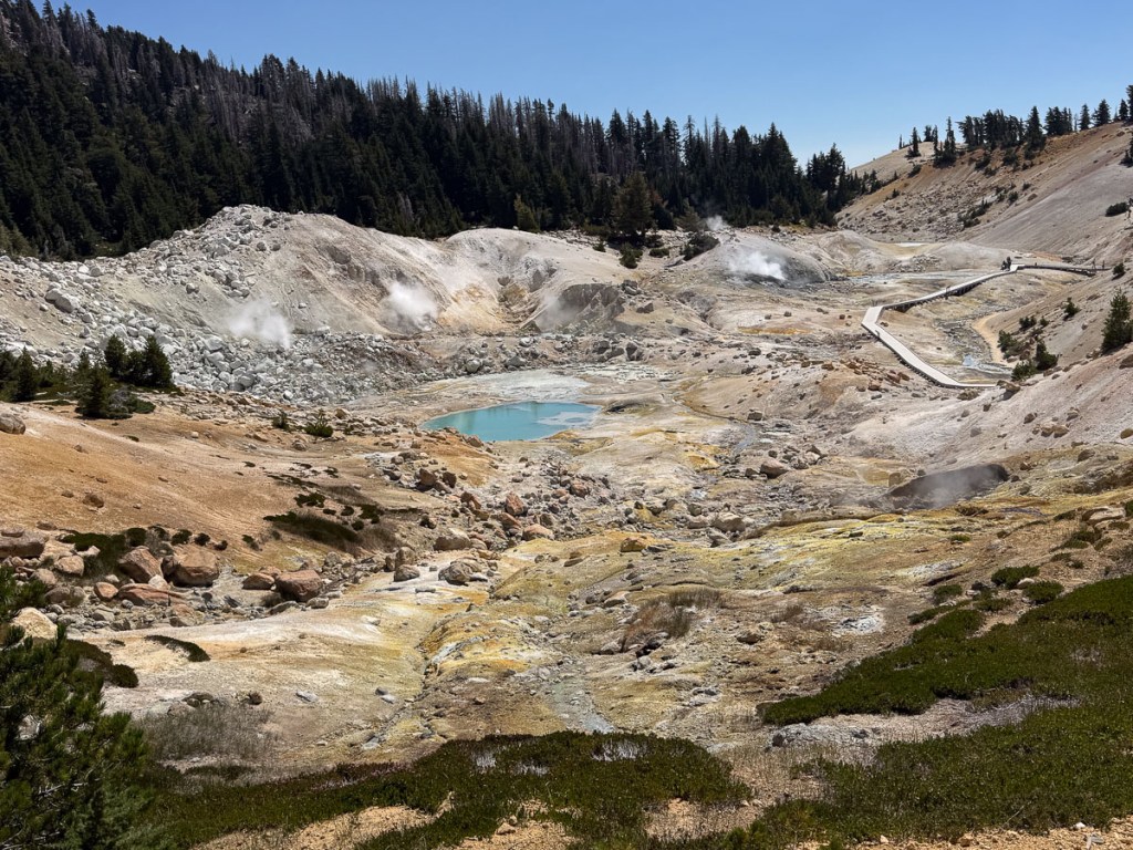 Bumpass Hell landscape showing boardwalk for visitor travel.