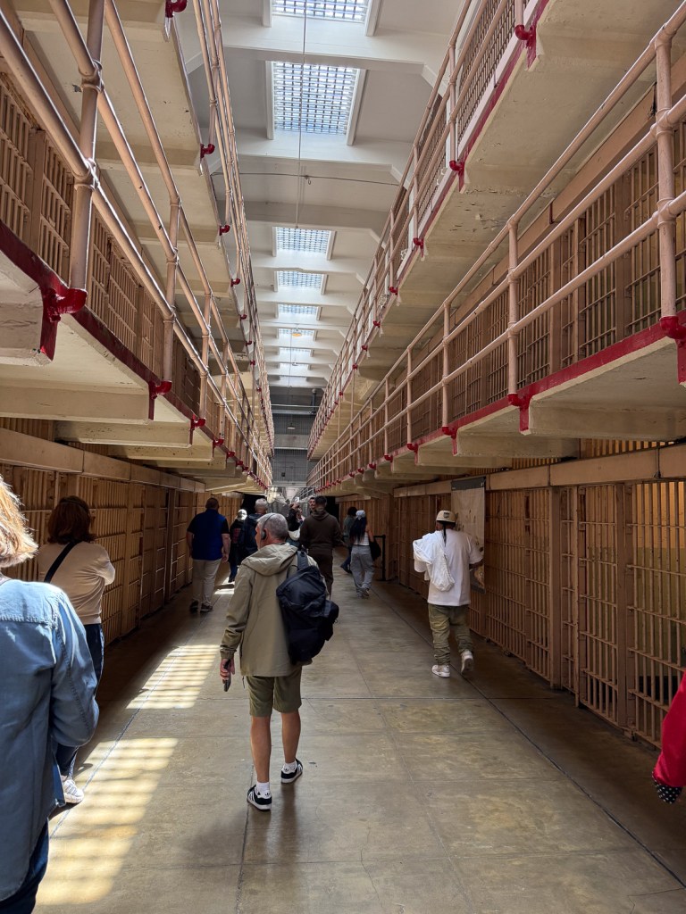 Inside Alcatraz cell block, view of cells on two levels.