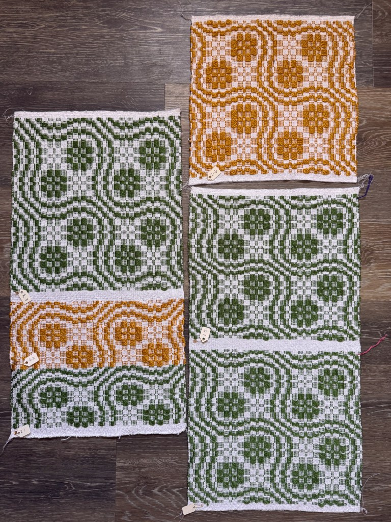 Handwoven fabric samples in white, green and gold.