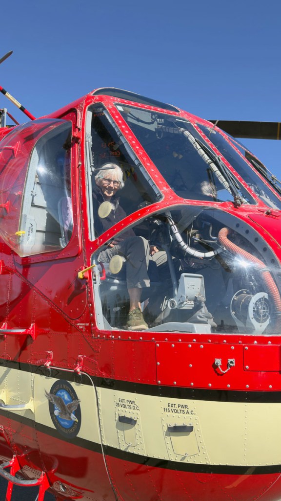 Robin in one of the sky-crane helicopter's seats.