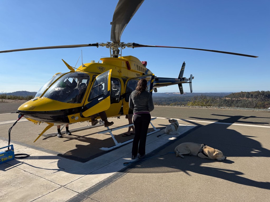 Yellow helicopter on the ground.