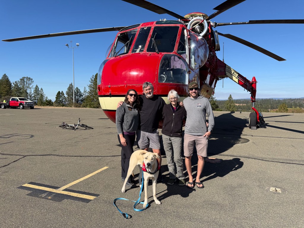 Family photo in front of the sky-crane helicopter.